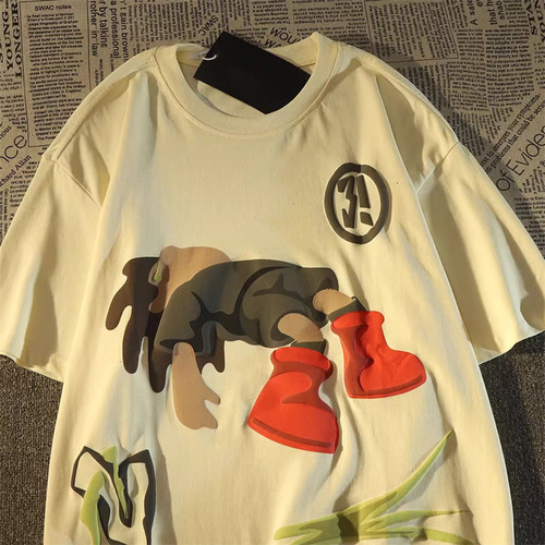 American-style retro hip-hop cartoon short-sleeve T-shirt for women, summer, loose-fit, trendy brand, European/American high-street style—versatile half-sleeve top for couples.