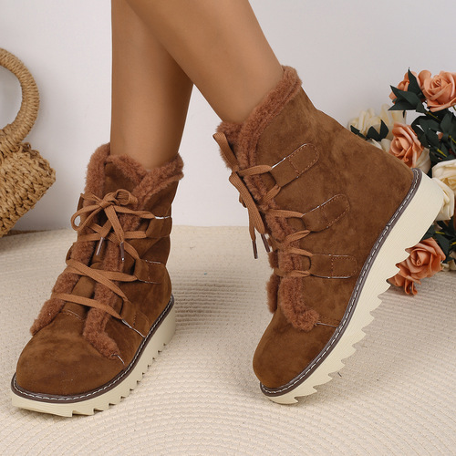 Large size snow boots for women in autumn and winter, European and American new style with velvet thick lace to keep warm, popular cotton boots for women
