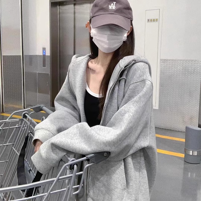 Gray Hooded Sweatshirt for Women Autum and Winter Fleece-Lined 2025 New Hot Style Spring and Autum Early Autum Outwear Cardigan Top