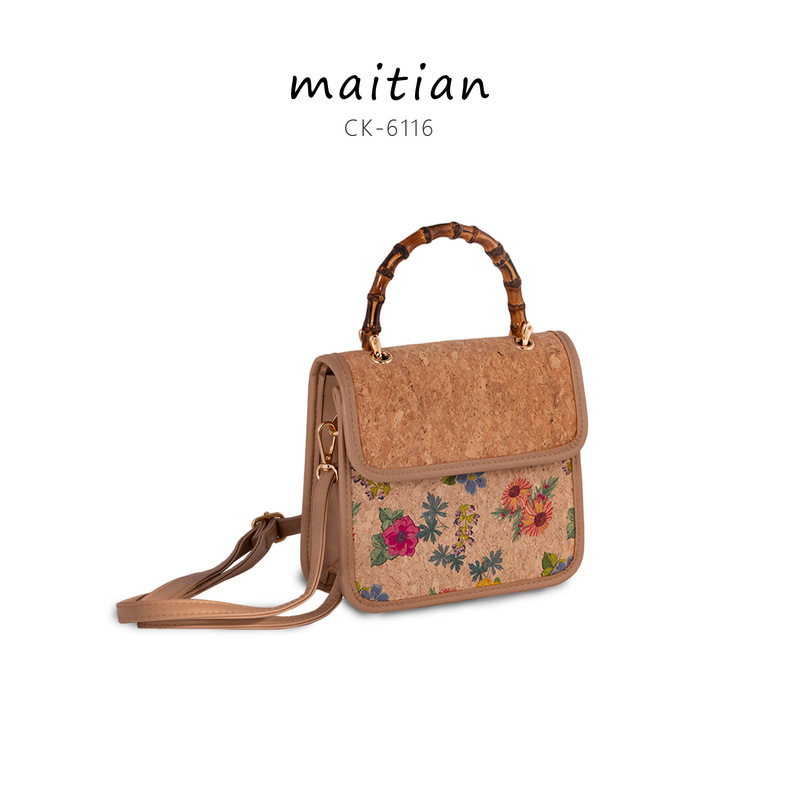 Niche Design Bark-Cork Bag with Natural Bamboo Handle, Small Square Women's Bag for Hand-Carrying, Shoulder-Carrying, or Cross-Body Use