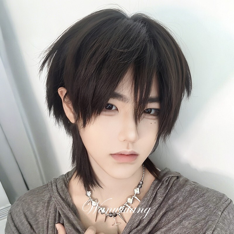 Men's Japanese-Style Short Straight Layered Wig, Realistic Human Hair Mullet Wolf Tail Full Wig