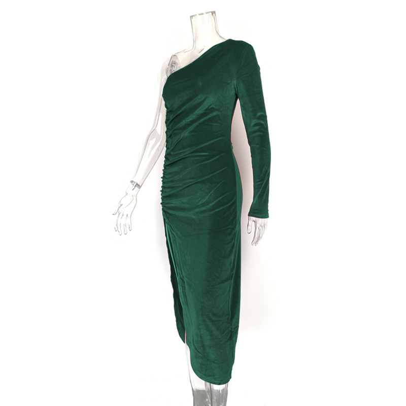 Damen Samtkleid Für Den Winter Sexy Schräges Schulter-design Slim_voghion.com
