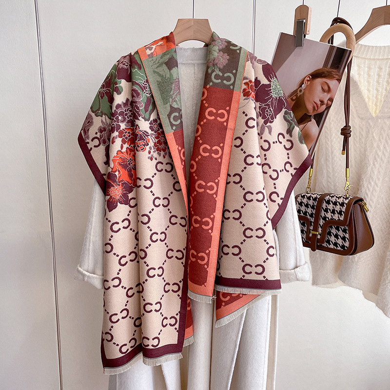 2023 de alta calidad versátil cálido chal engrosada bufanda Otoño e Invierno Nueva carta flor bufanda de Cachemira para las mujeres