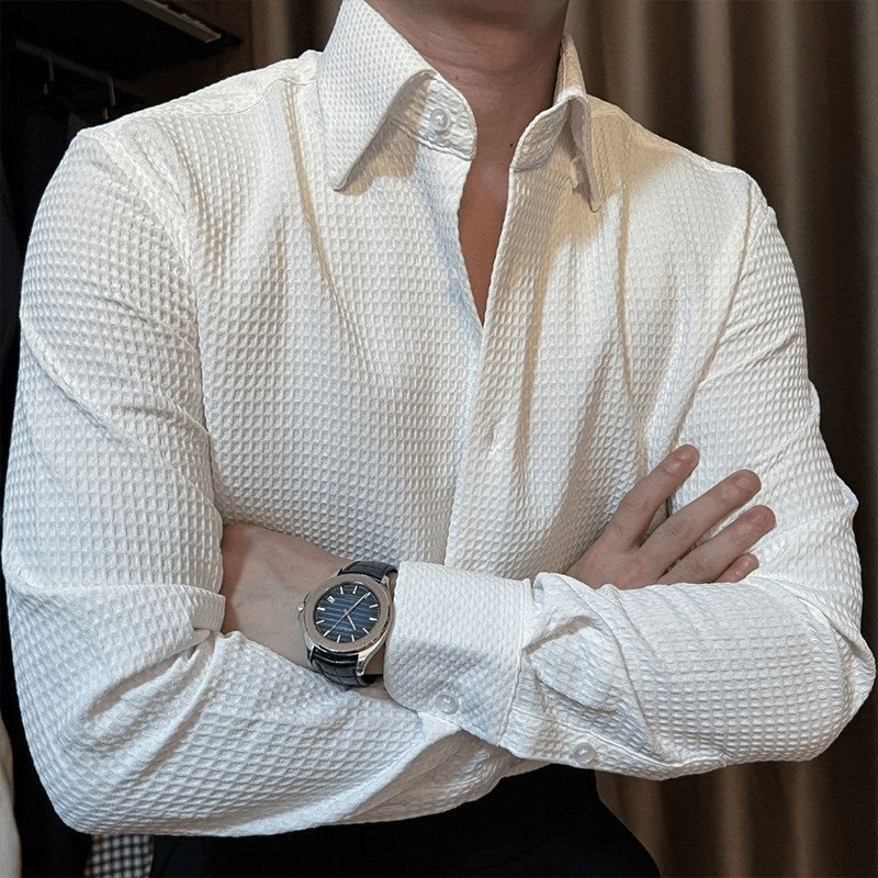 Waffle-knit men's long-sleeve shirt, Korean-style business casual, trendy design, stylish and cool, British-inspired, versatile shirt Waffle-knit men's long-sleeve shirt, Korean-style business casual, trendy design, stylish and cool, British-inspired, versatile shirt