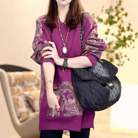 时尚休闲宽松显瘦印花卫衣春秋季新款潮流百搭中长款洋气圆领上衣