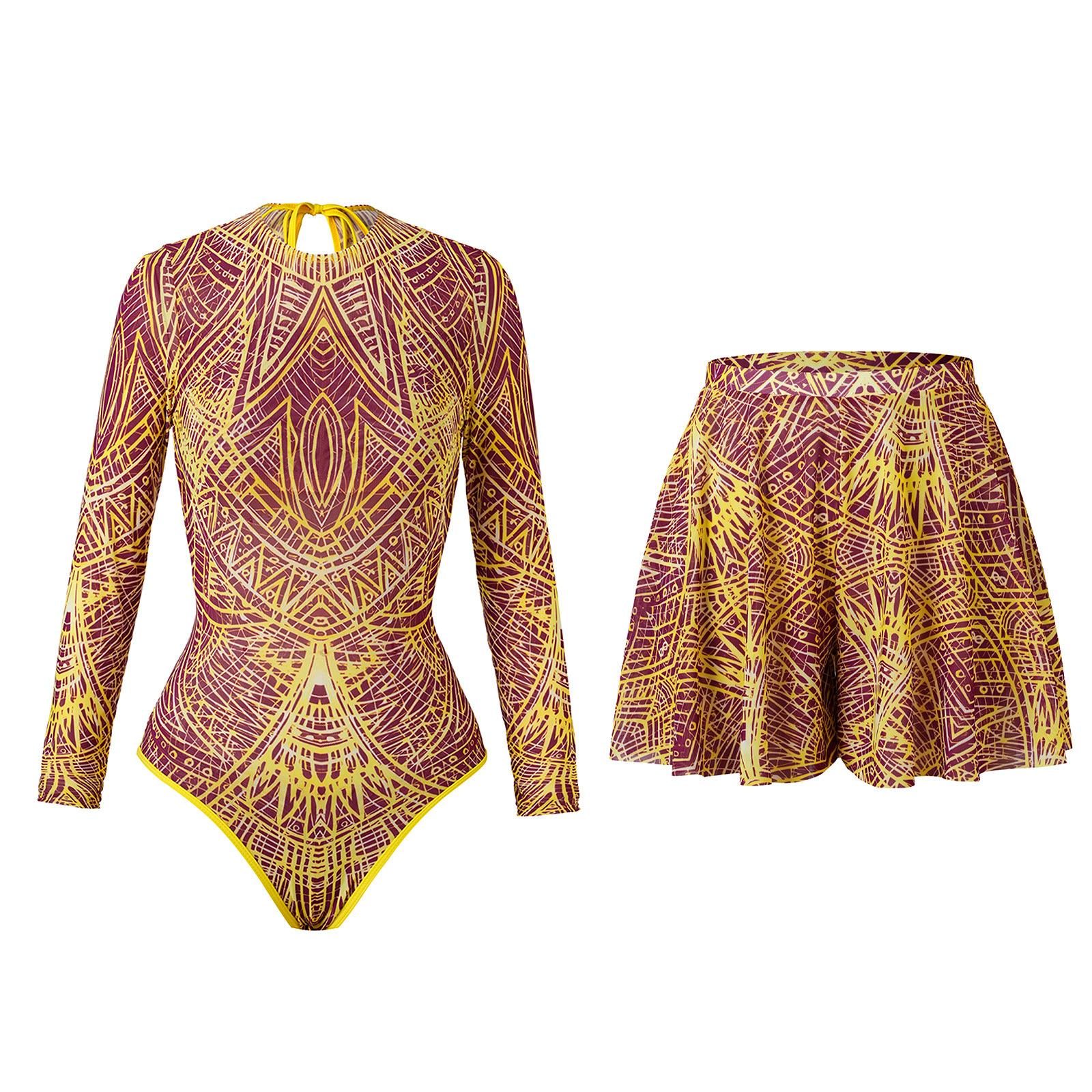 Women's Retro Mesh Long-sleeve One-piece Swimsuit For Beach And Pool_voghion.com