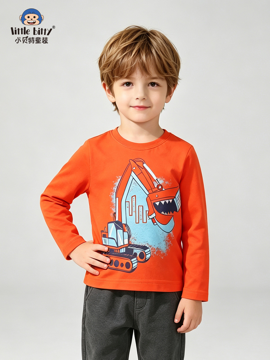 Cross-border supply of autumn and winter boys' long-sleeve T-shirts with cartoon excavator print, 2026 children's base shirts in stock, children's clothing