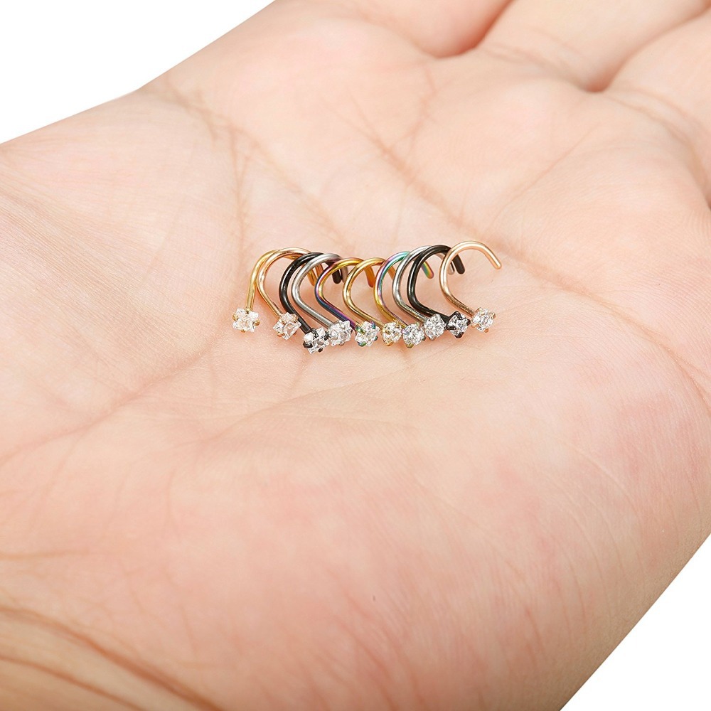 Piercing al naso a perno curvo in acciaio inossidabile 316L, rotondo, quadrato, con zircone, spessore 0,8 mm_voghion.com