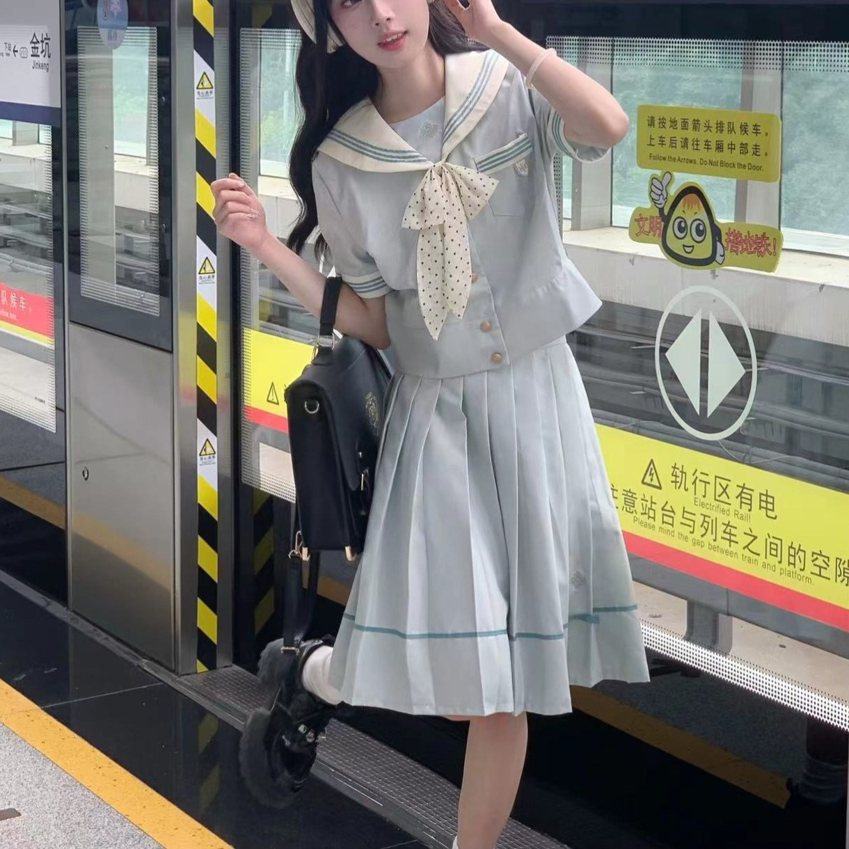 작은 신선한 JK 유니폼 치마 세트 민트 화이트 QIAO 항해 세트 여름 짧은 소매 최고 주름 치마 풀 세트