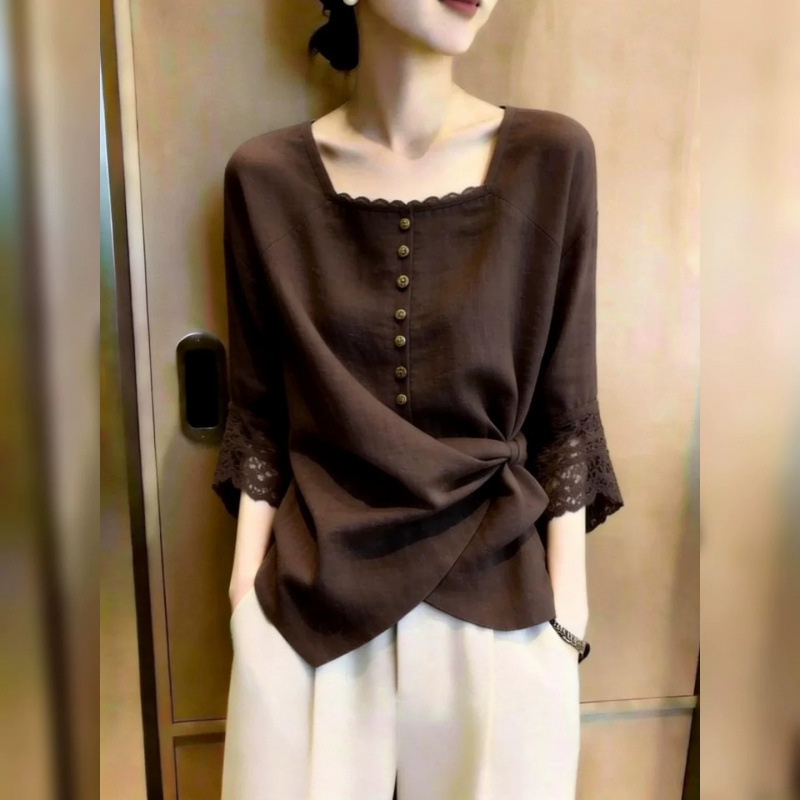 2026 Summer New Women's Single-Breasted Lace Cuff Blouse, Elegant and Delicate Coffee Brown Shirt 2026 Summer New Women's Single-Breasted Lace Cuff Blouse, Elegant and Delicate Coffee Brown Shirt