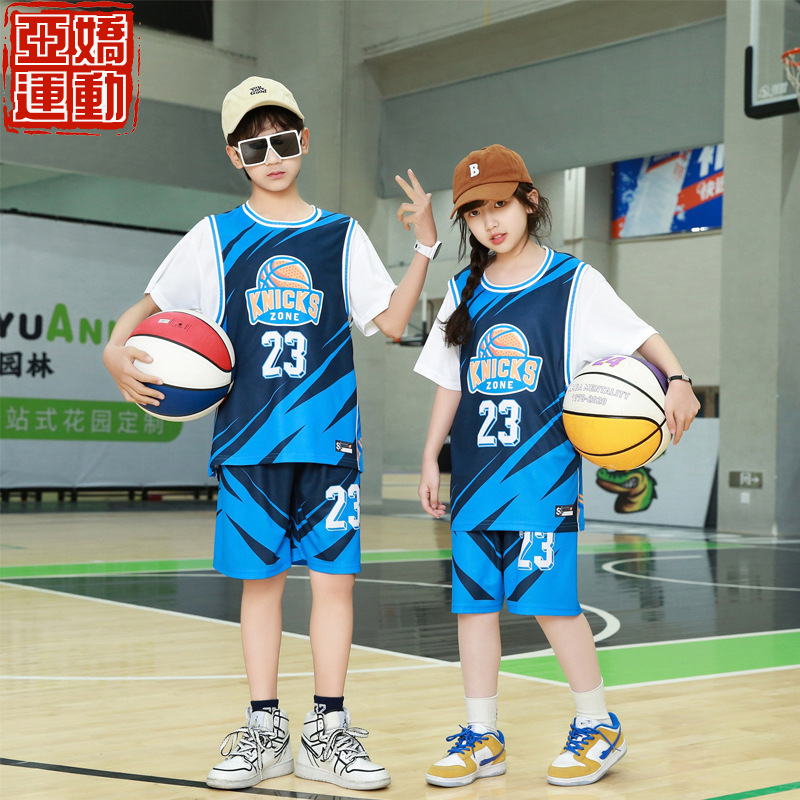 New Kidsren's Basketball Uniform Suit Summer Men's and Women's Fake Two-Piece No. 23 Jersey Short-Sleeved Training Performance Suit Wholesale Group Purchase