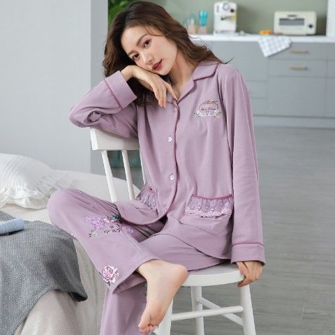 Pijamas mujer primavera y otoño 100% algodón de manga larga cardigan otoño algodón casual prendas de vestir exteriores ropa de hogar otoño e invierno dos piezas