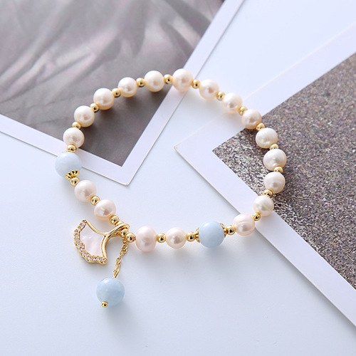 Natural Pearl Necklace for Women - New Arrival with Aquamarine Crystal, Ins Cold Wind, Apricot Leaf Pendant, Mother-of-Pearl Bracelet - Wholesale