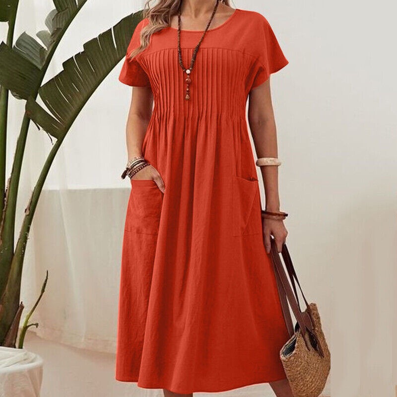 Women's Long Skirt Solid Color Round Neck Pocket Detail Cotton Linen Blend Dress_ecoleips.com