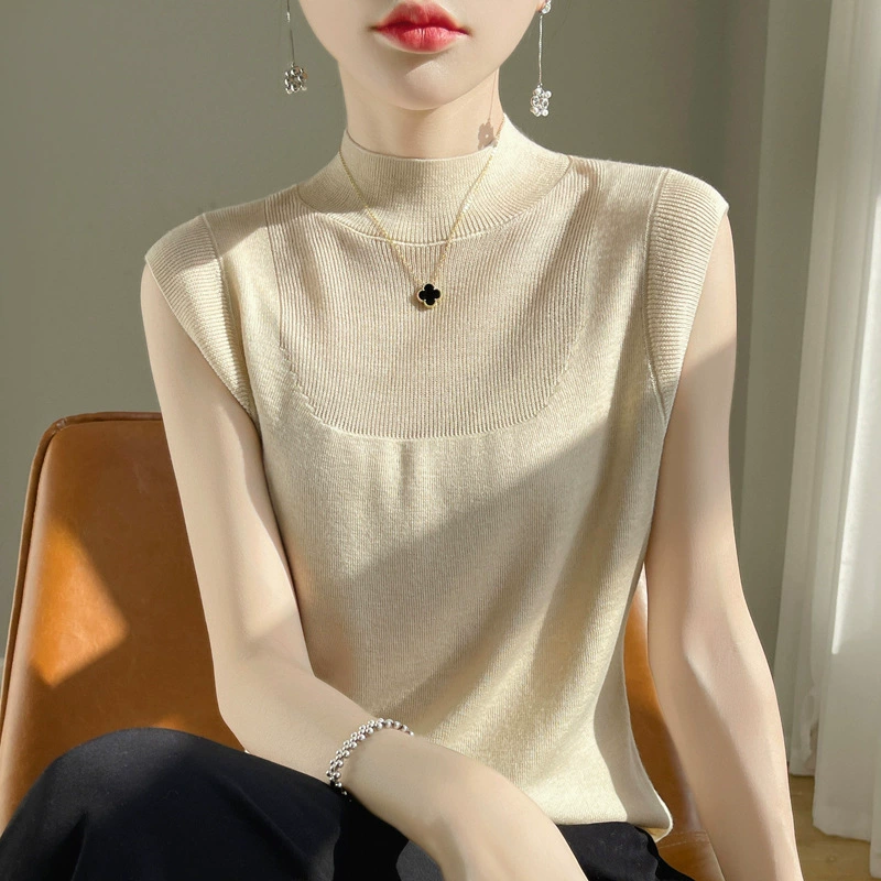 2025 новый женский полувысокий воротник свободный внутри короткий без рукавов трикотажный жилет для женской одежды