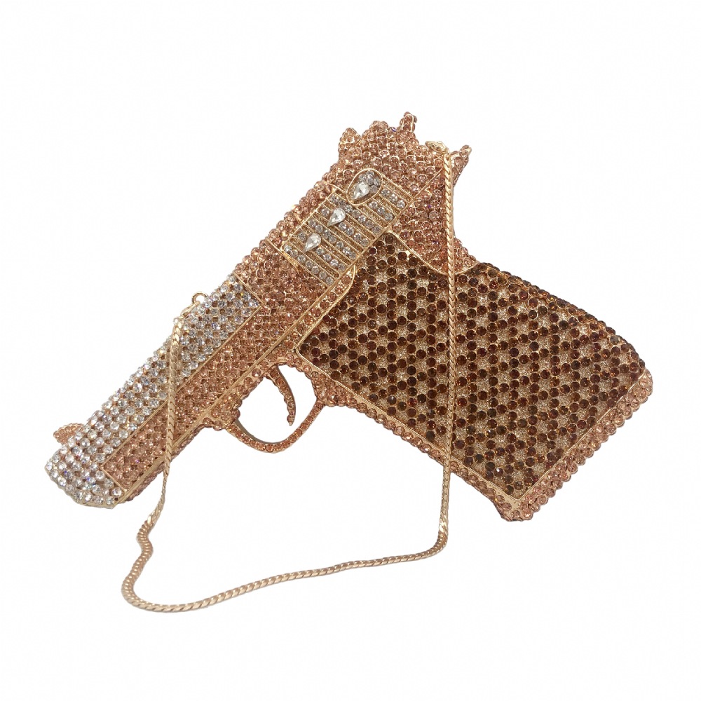 Seleccione estrictamente la nueva bolsa de cena con diamantes transfronterizos, bolsas de mano de diamantes en forma de pistola, bolsas de banquete europeas y estadounidenses, bolsas de diamantes llenas de personalidad