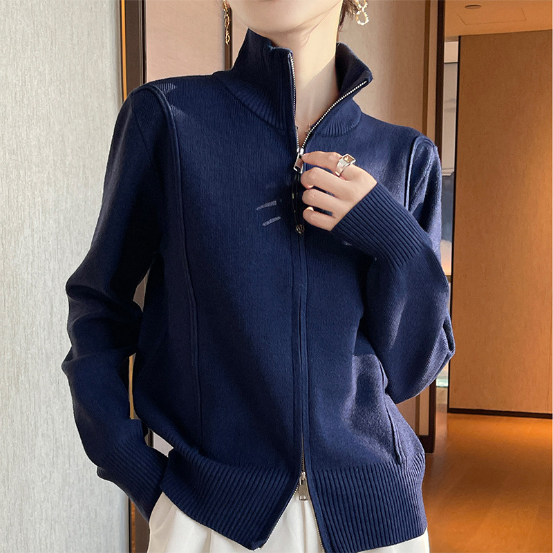 法式双拉链立领针织开衫秋装女装新款外套加厚保暖长袖外搭上衣批