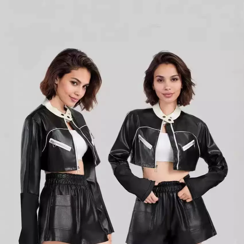 美式机车撞色皮衣外套女拼接足球宝贝拉皮夹克潮流女式冬季夹克