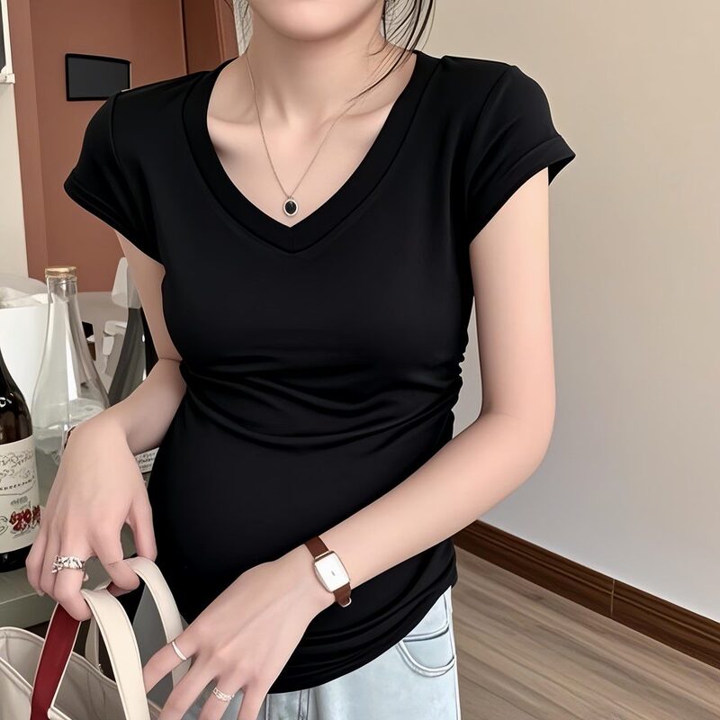 Summer Maternity T-Shirt, Summer Short-Sleeved Top, Fashionable Slimming Look, Loose, Covering the Belly Without Showing Pregnancy, T-Shirt, Bottoming Shirt, Cotton Summer Maternity T-Shirt, Summer Short-Sleeved Top, Fashionable Slimming Look, Loose, Covering the Belly Without Showing Pregnancy, T-Shirt, Bottoming Shirt, Cotton