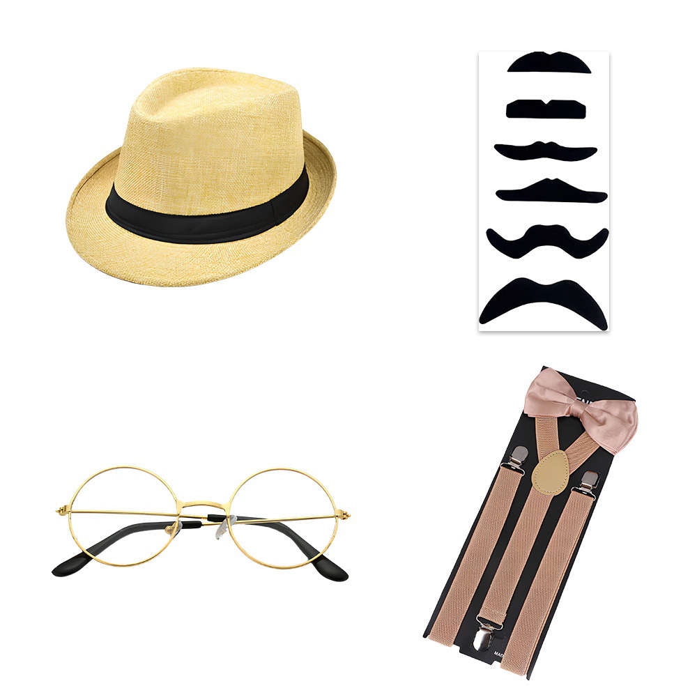 1920s Gatsby Party Dress Up Correa Reloj de bolsillo Barba falsa Traje Vestido de moda Sombrero de copa Corbata Años 20