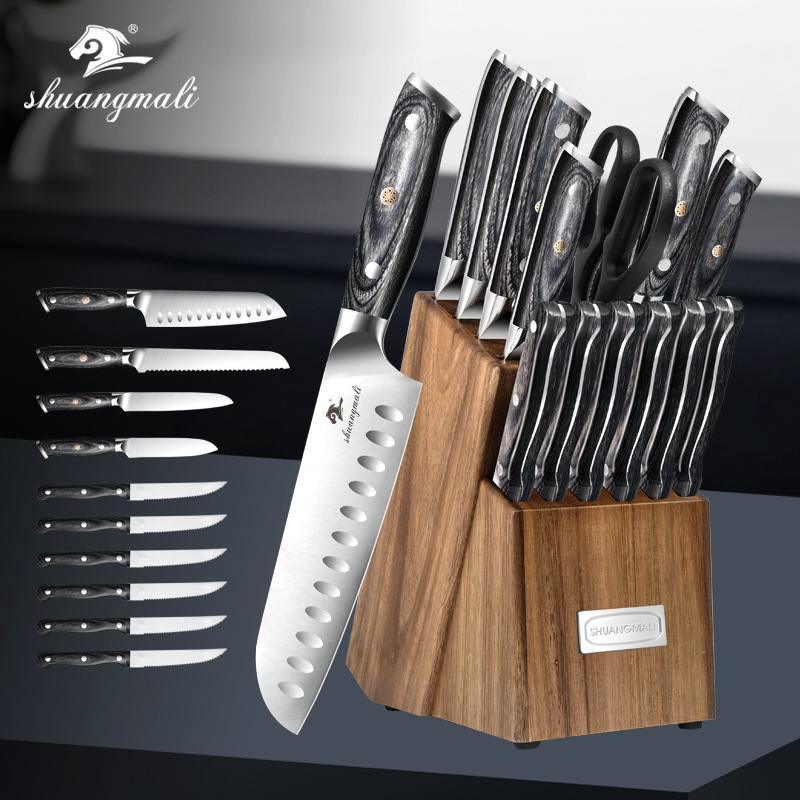 Cuchillos de cocina de exportación de acero inoxidable de doble caballo 15 piezas de asiento de cuchillo de madera acacia con afilador de cuchillo conjunto de cuchillos de comercio exterior