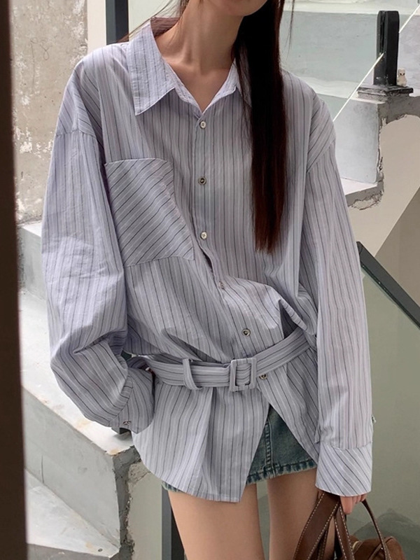 槿一 蓝色衬衫女秋季外套法式上衣高级独特别致长袖宽松条纹衬衣|undefined