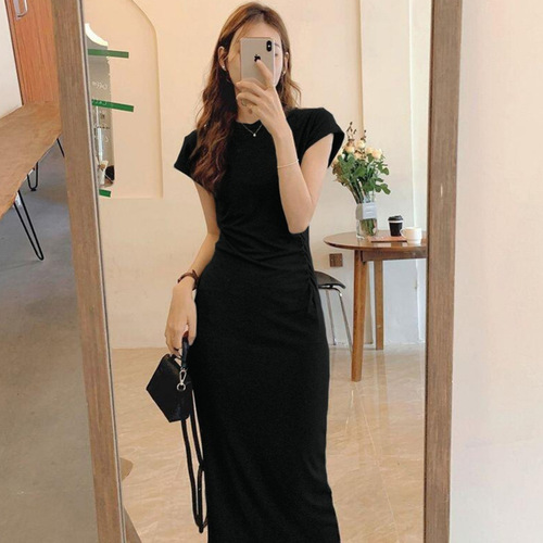 Ins trendy pure desire niche body-shaping slimming short-sleeve dress for women summer Korean version with waist-cinch long dress for women