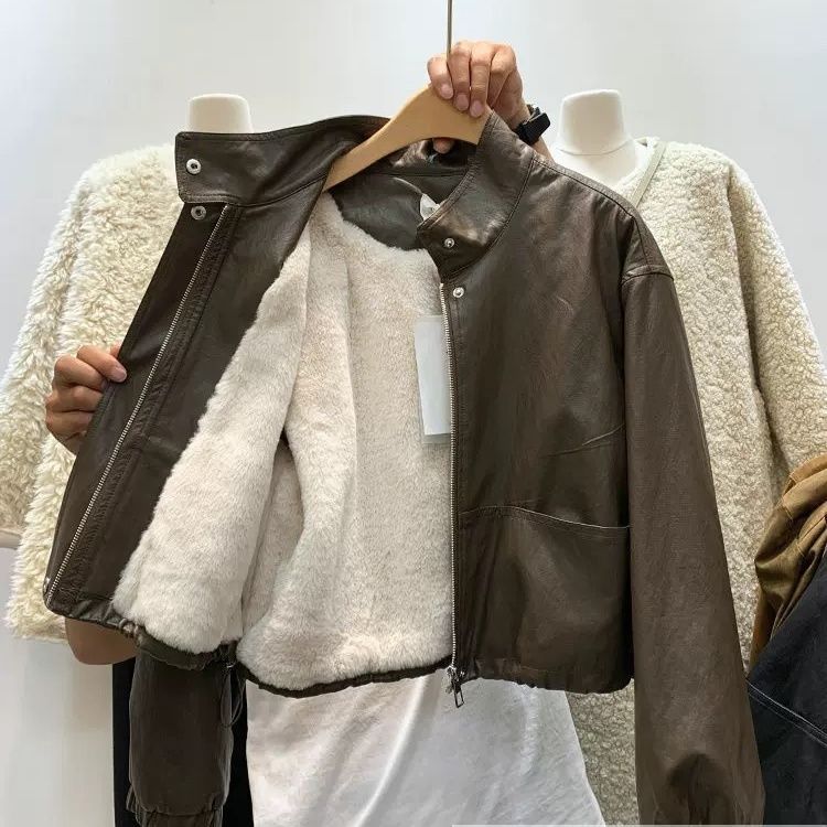 Korean Style Stand-Up Collar Plus Plush Lining Leather Jacket for Women Winter Handsome Drawstring Waist Motorcycle Jacket Thickeneded Warm Jacket