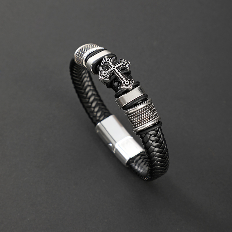 Cross Pattern Vintage Style Classic Style Cross Pu Leather Titanium Steel Men's Wristband Men Cord & Leather Bracelets