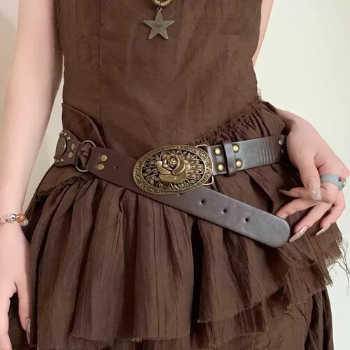 Vintage American Western Cowboy Leather Belt for Women—Versatile Rivet-Decorated Waistband, Trendy Cinch