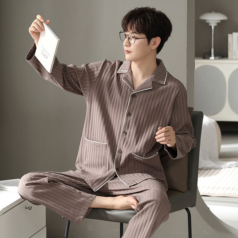 Pajamas de algodón de hombre primavera y otoño de manga larga nueva ropa casera suelta de tamaño grande engordado conjunto de ropa de hombre otoño y invierno