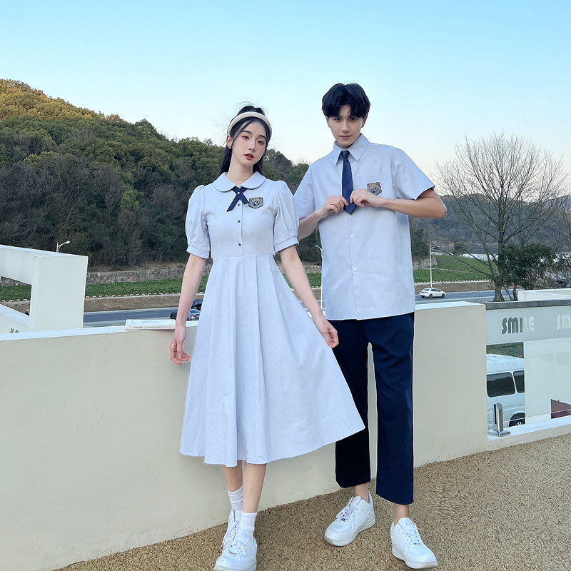学院风情侣装新款娃娃领百褶连衣裙小初高中开学季班服大合唱衬衫