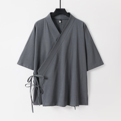 中国風のレトロな綿とリネンの七分袖メンズ斜め襟改良された漢服古代衣装中国のエスニックスタイルの在家服禅服男性用