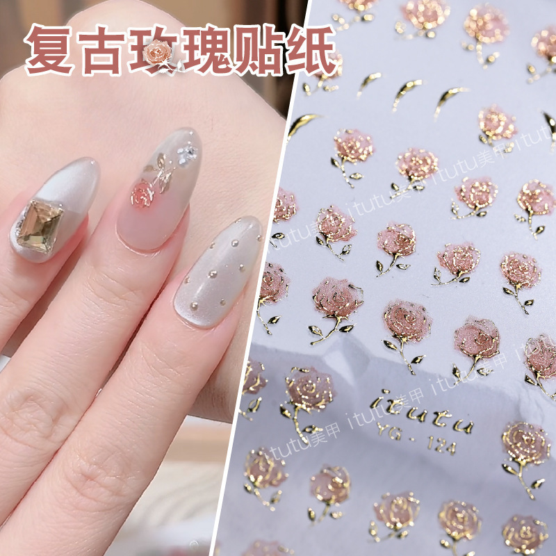 Bronzing Rose Nail Art Stickers National Style Vintage Nail Stickers Rose Stickers Transparent Color Three-Dimensional Relief Adhesive Decals