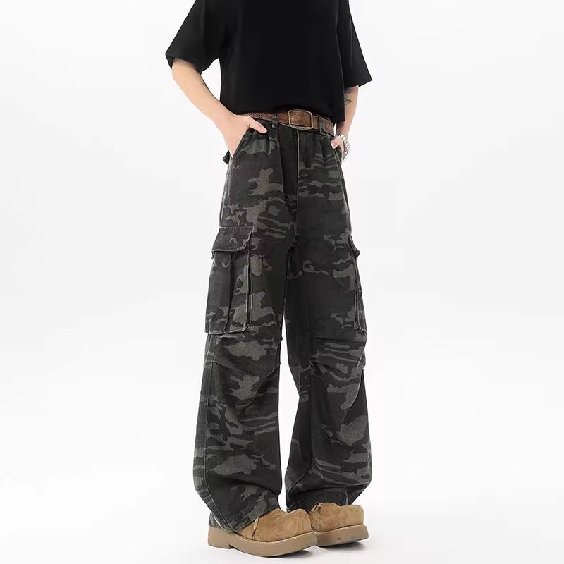 American Retro Drapey Floor-Length Lazy Camouflage Multi-Pocket Cargo Jeans for Men, Distressed Washed Straight-Leg Casual Pants