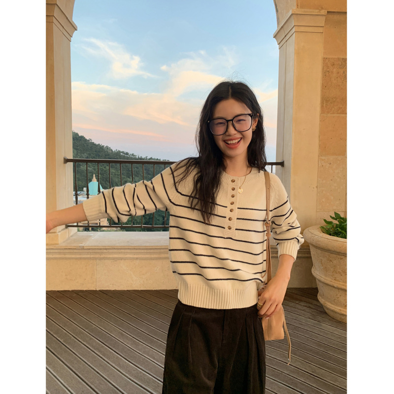 pusumede 暮色微风 条纹毛衣女秋冬圆领显瘦休闲羊毛针织衫上衣|undefined