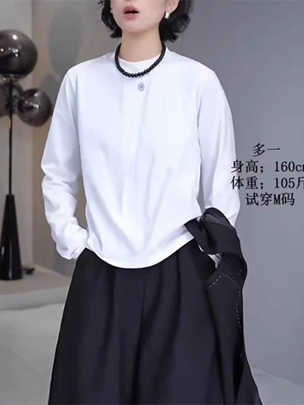 丸首の純綿の白いインナーシャツの女性の春の長袖tシャツ2025の新型の春と秋の幅の松の肩の上着|undefined