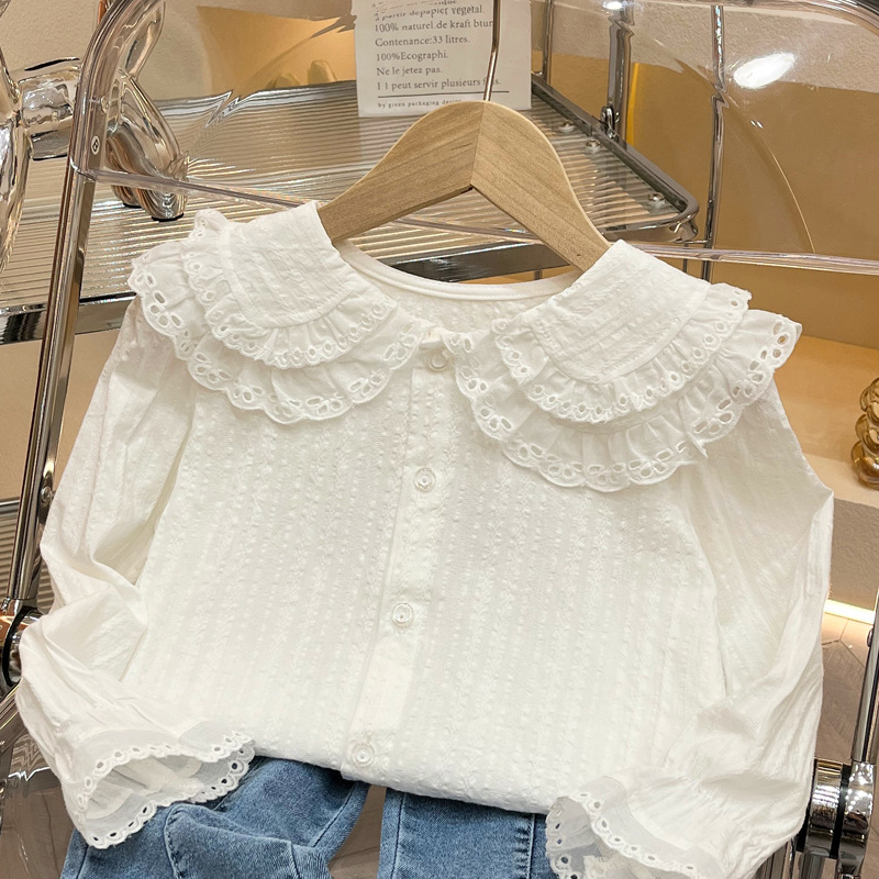 Camisas para niñas, camisas de manga larga para bebés, camisas con cuello de muñeca de doble capa para niños de primavera 2025, tops para niñas, camisas de princesa de estilo coreano