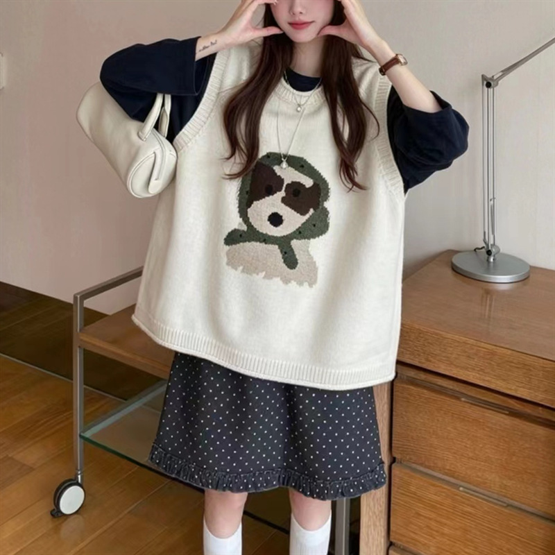 2026 Autumn/Winter New Round Neck Knit Sweater Cartoon Loose Sleeveless Layered Sweater Vest Korean Sweet Women's Fashion Trend 2026 Autumn/Winter New Round Neck Knit Sweater Cartoon Loose Sleeveless Layered Sweater Vest Korean Sweet Women's Fashion Trend