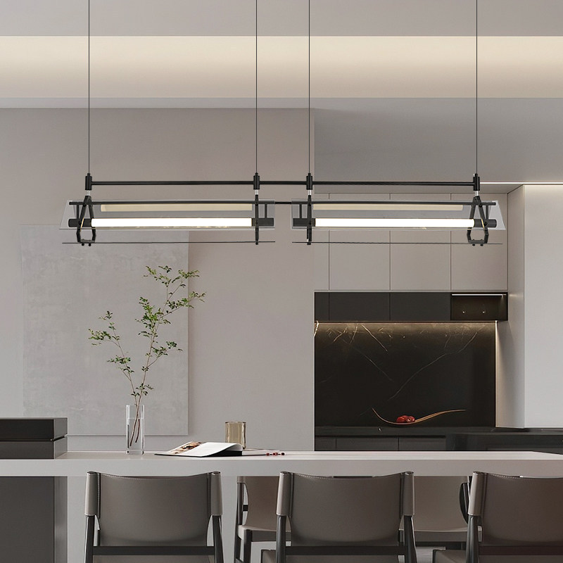 Designer Dining Room Pendant Light, Industrial Style, Minimalist Modern Dining Table Island Bar Counter, Long Strip Glass Lighting Fixture