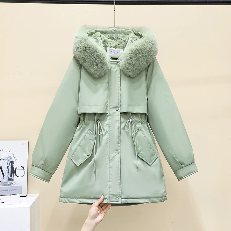 Fleece long warm down jacket, mid-length, slim fit