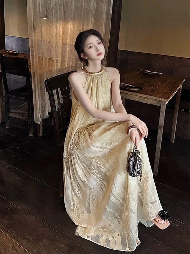 Váy dây thêu hoa cao cấp phong cách Trung Quốc mới, không tay thanh lịch mùa hè N5024 — Xanh lam sông băng