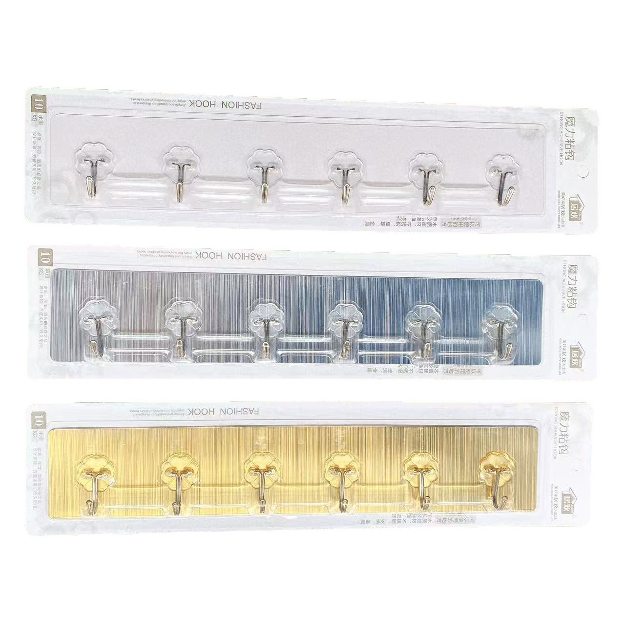 Seis filas de gancho adhesivo de succión de tarjetas sin perforación fuerte fuerza de carga transparente oro plateado sin marcas gancho de acero inoxidable multifunción