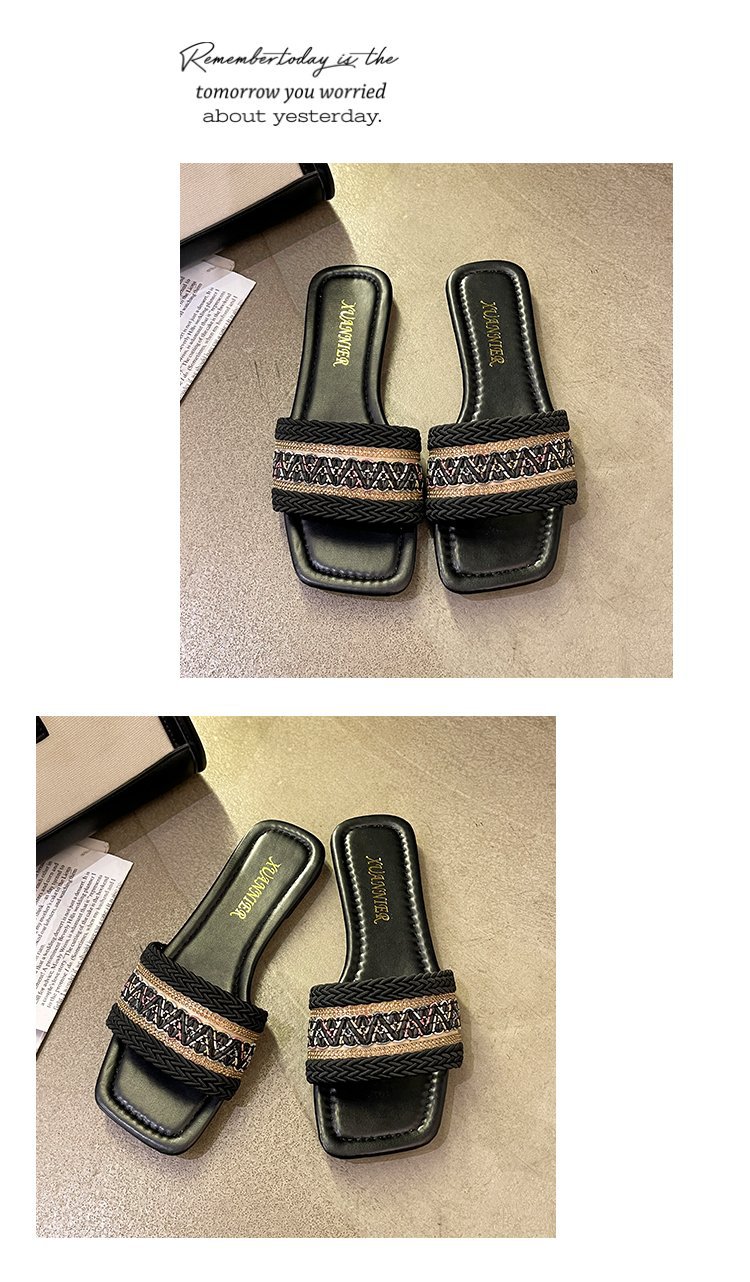 Große einreihige Hausschuhe mit flacher Sohle für Damen im ethnischen Stil, gewebte Strandsandalen mit quadratischer Zehenpartie_voghion.com