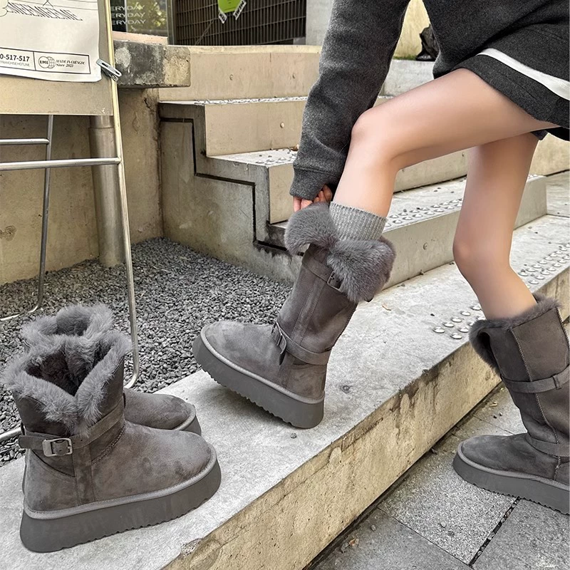 Серые носки не более чем колено снежные сапоги женские 2024 зимние новые толстые подошвы увеличены, бархат утолщены, длинная трубка, снежная хлопчатобумажная обувь