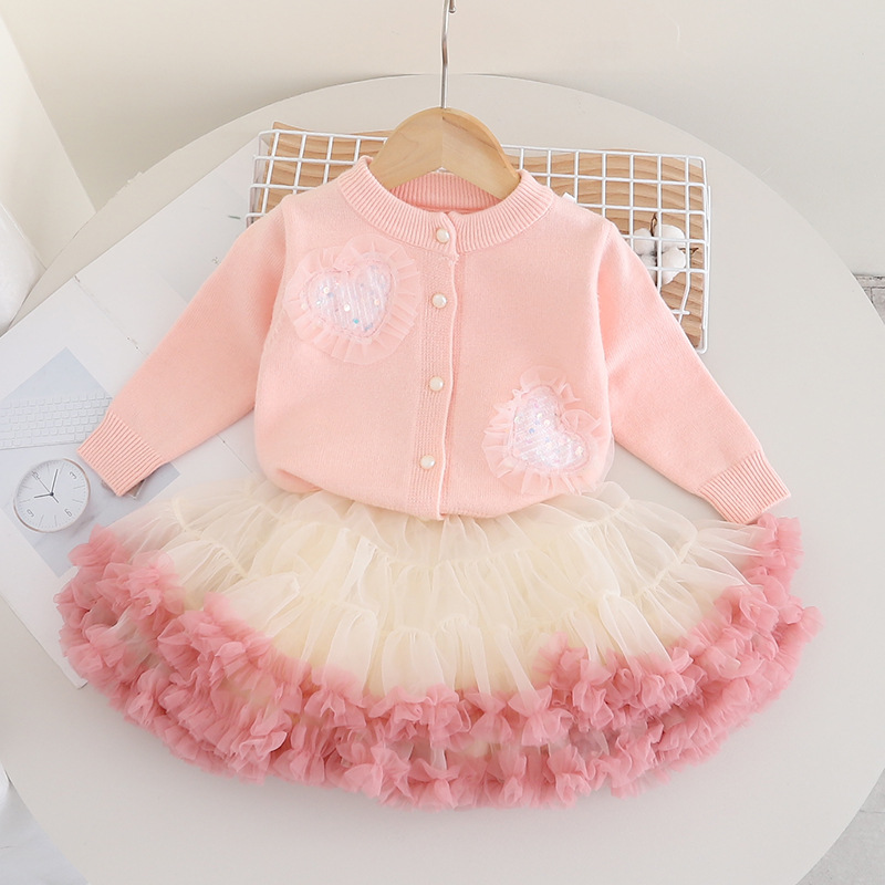 Spring, Autumn Season Princess Cute Gradient Color Heart Shape Sequins Polyacrylonitrile Fiber Girls Clothing Sets