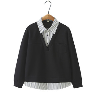 Wei Yi fake 2 plus size women's 2025 spring striped shirt collar jacket 200kg slim fat sister T-shirt 319