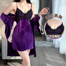 性感蕾丝吊带睡裙女深V诱惑拼色丝绒家居服套装纯欲风性感睡衣