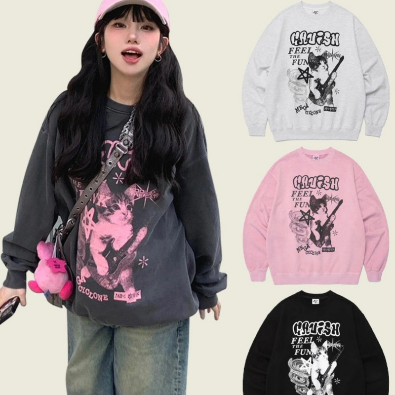Korean Niche Trendy Brand Cavish Round Neck Pullover Long-Sleeved Sweatshirt for Men and Women Korean Sweet and Cool Style Cat Guitar Print