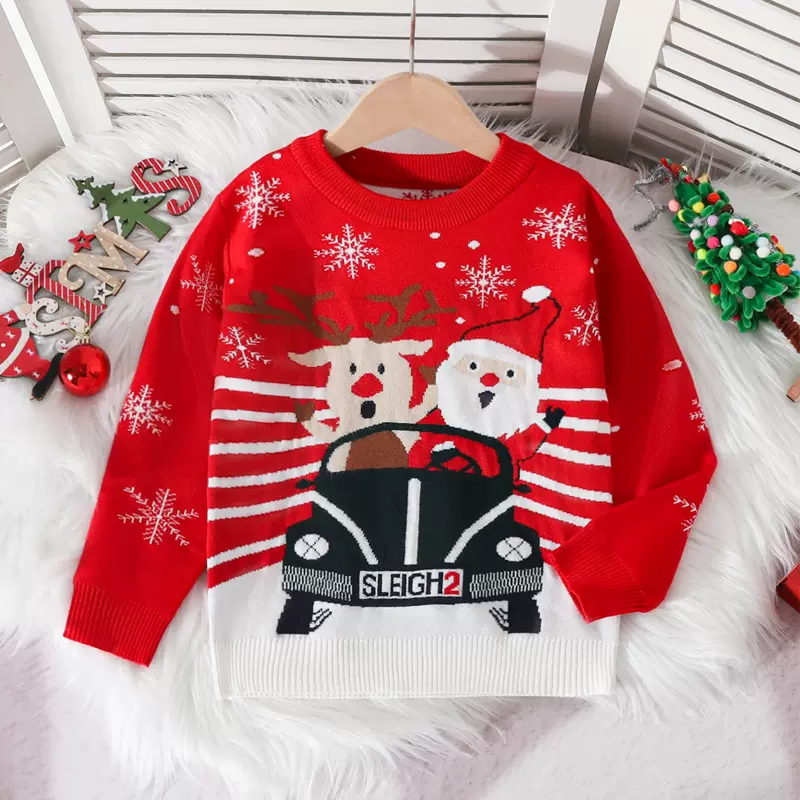 亚马逊外贸童装儿童圣诞毛衣男童卡通线衣女童套头长袖针织衫批发